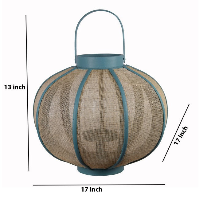 Farmhouse Wood and Metal Lantern with Mesh Details, Blue and Beige