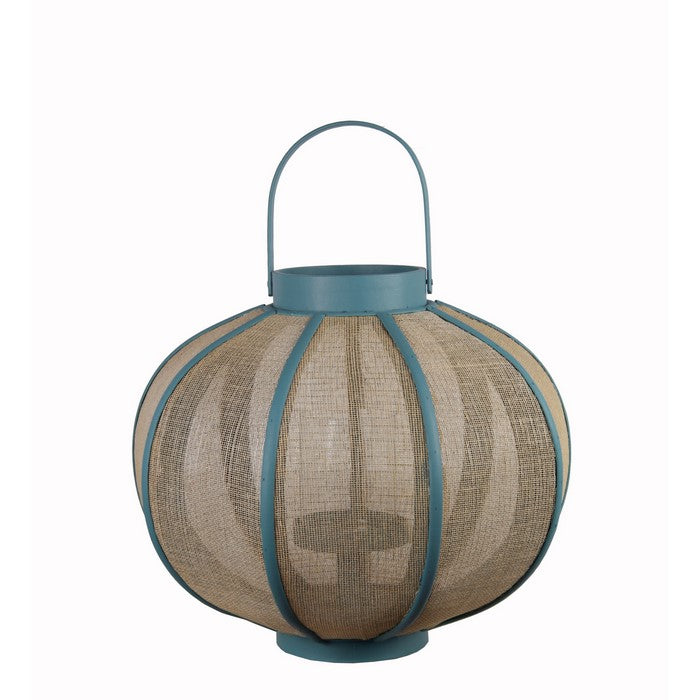Farmhouse Wood and Metal Lantern with Mesh Details, Blue and Beige
