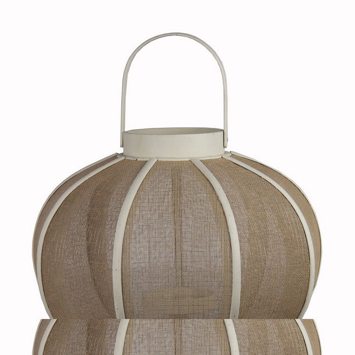 Farmhouse Wood and Metal Lantern with Mesh Details, White and Beige
