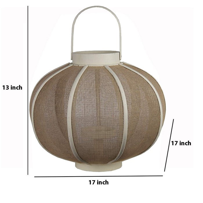 Farmhouse Wood and Metal Lantern with Mesh Details, White and Beige