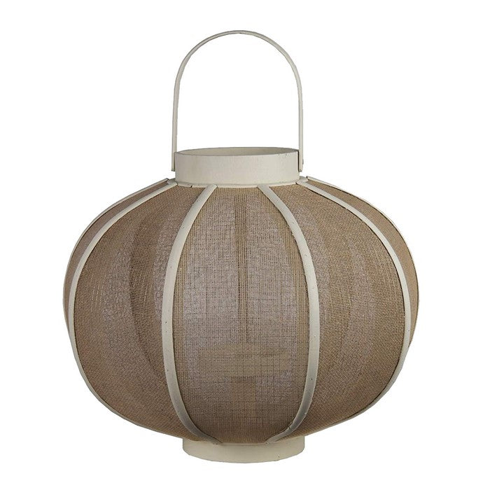 Farmhouse Wood and Metal Lantern with Mesh Details, White and Beige