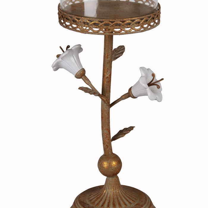 Traditional Metal and Glass Candleholder, Large, Brown and Clear
