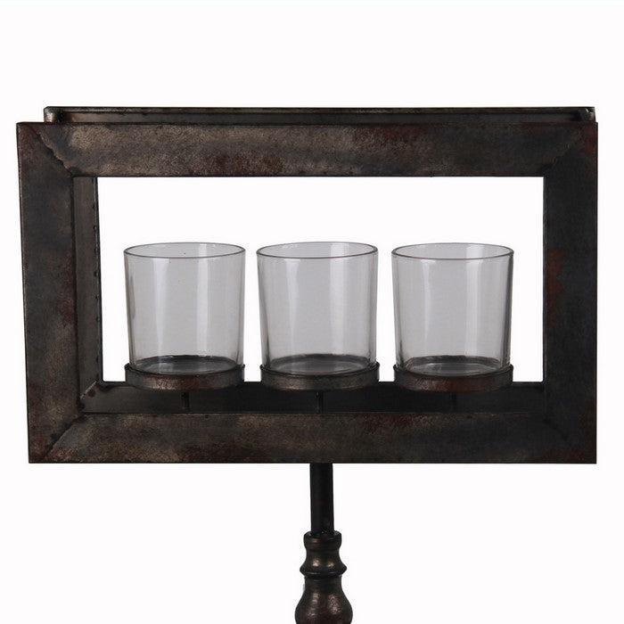 3 Votive Glass Candleholder on Metal Pedestal Base, Black and Clear