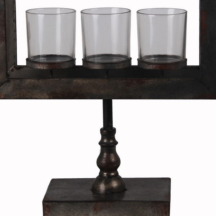 3 Votive Glass Candleholder on Metal Pedestal Base, Black and Clear