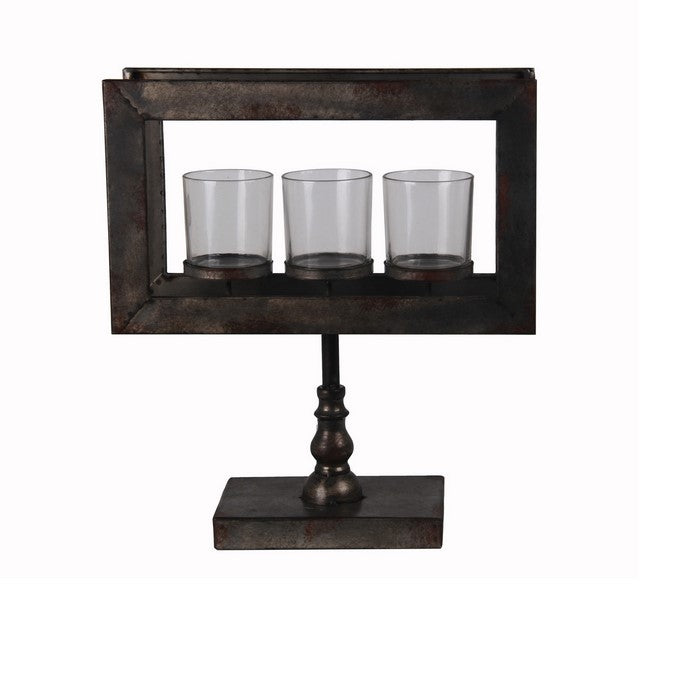3 Votive Glass Candleholder on Metal Pedestal Base, Black and Clear