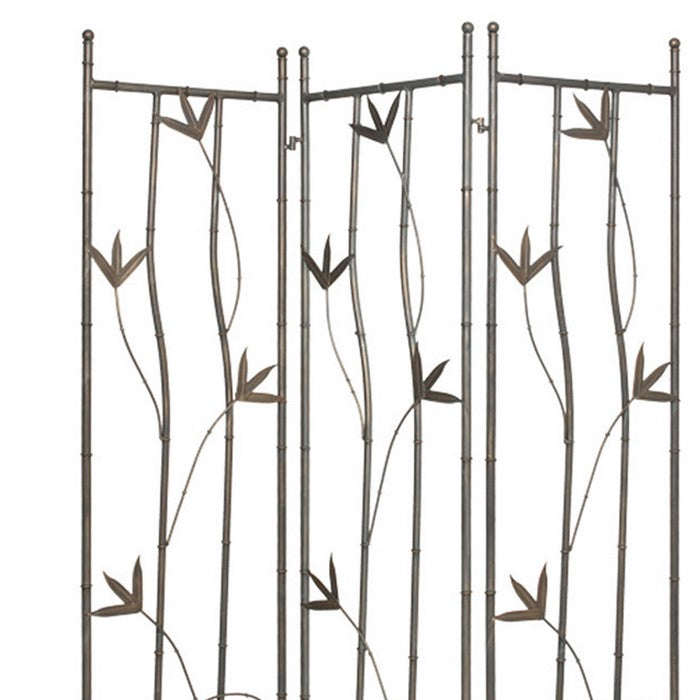 3 Panel Foldable Metal Screen with Leaf Design Accents, Silver