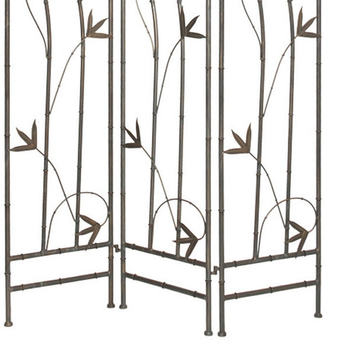 3 Panel Foldable Metal Screen with Leaf Design Accents, Silver