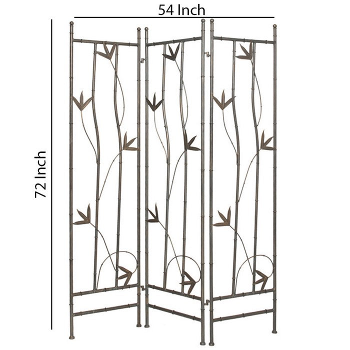3 Panel Foldable Metal Screen with Leaf Design Accents, Silver