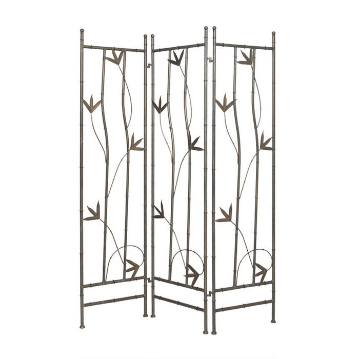 3 Panel Foldable Metal Screen with Leaf Design Accents, Silver