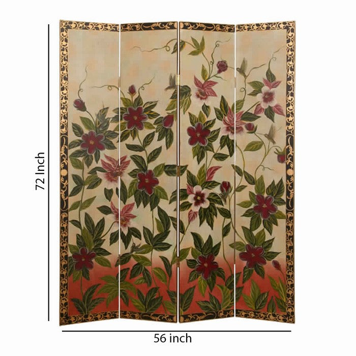 Wooden Canvas Screen with Beautiful Floral Design, Multicolor