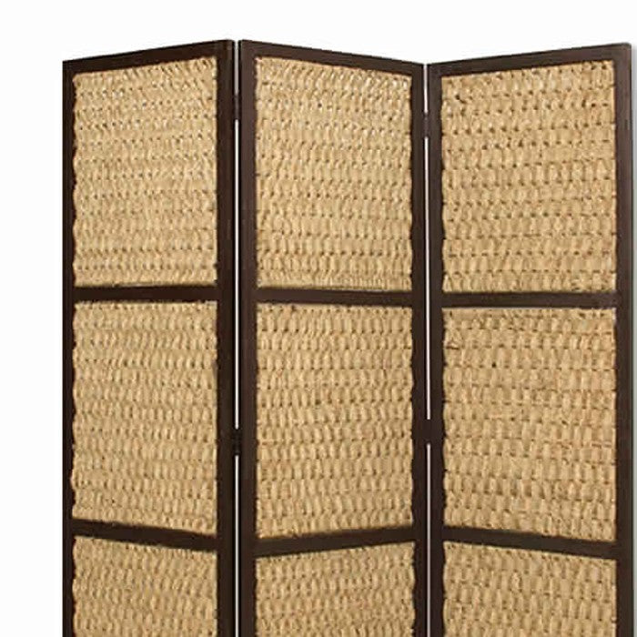 3 Panel Wooden Framed Screen with Sea Grass Woven Design, Brown