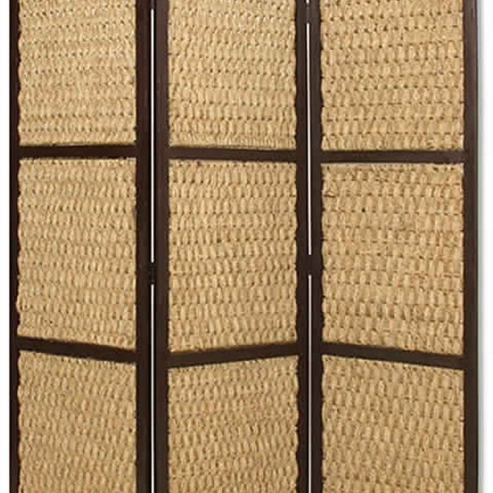 3 Panel Wooden Framed Screen with Sea Grass Woven Design, Brown