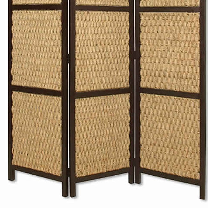 3 Panel Wooden Framed Screen with Sea Grass Woven Design, Brown