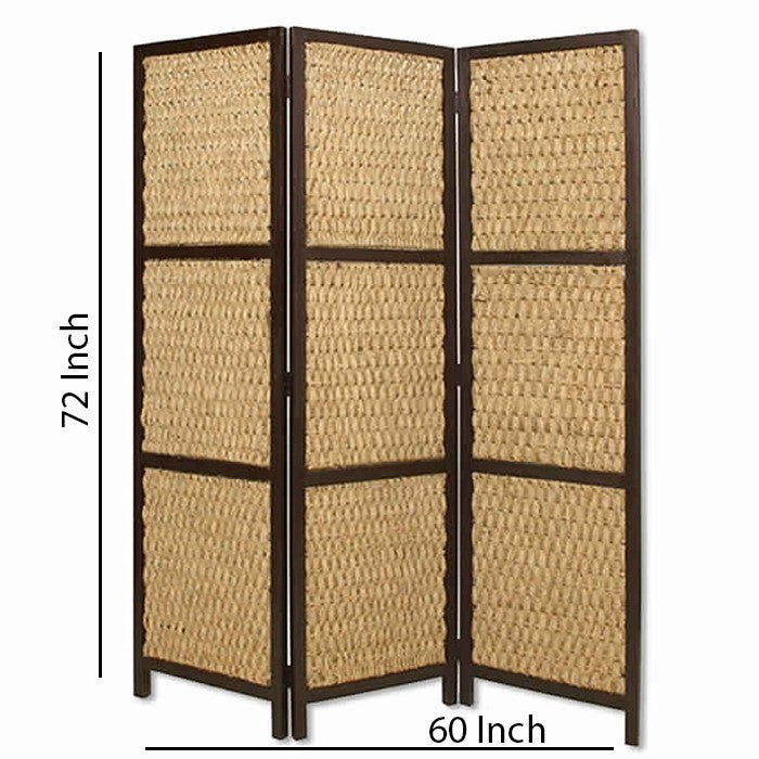 3 Panel Wooden Framed Screen with Sea Grass Woven Design, Brown