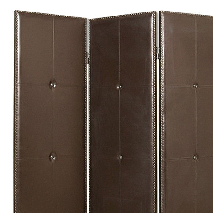 Wooden 3 Panel Screen with Button Tufting and Antique Nailheads, Brown