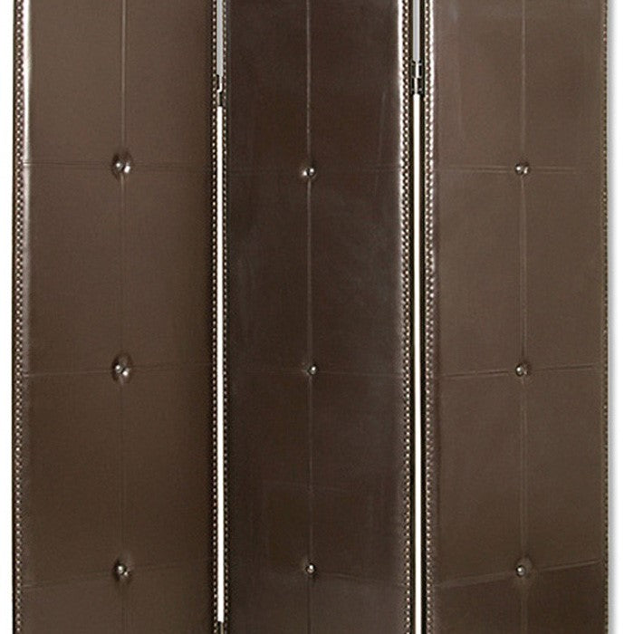 Wooden 3 Panel Screen with Button Tufting and Antique Nailheads, Brown