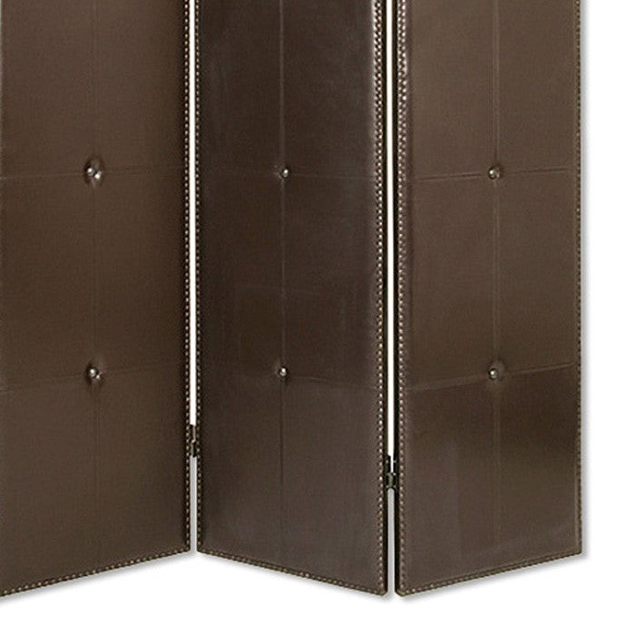 Wooden 3 Panel Screen with Button Tufting and Antique Nailheads, Brown