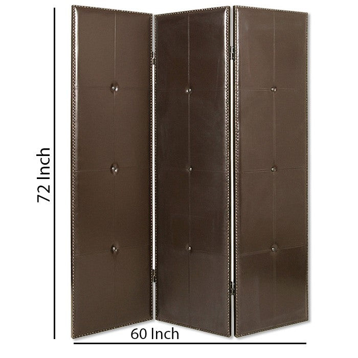 Wooden 3 Panel Screen with Button Tufting and Antique Nailheads, Brown