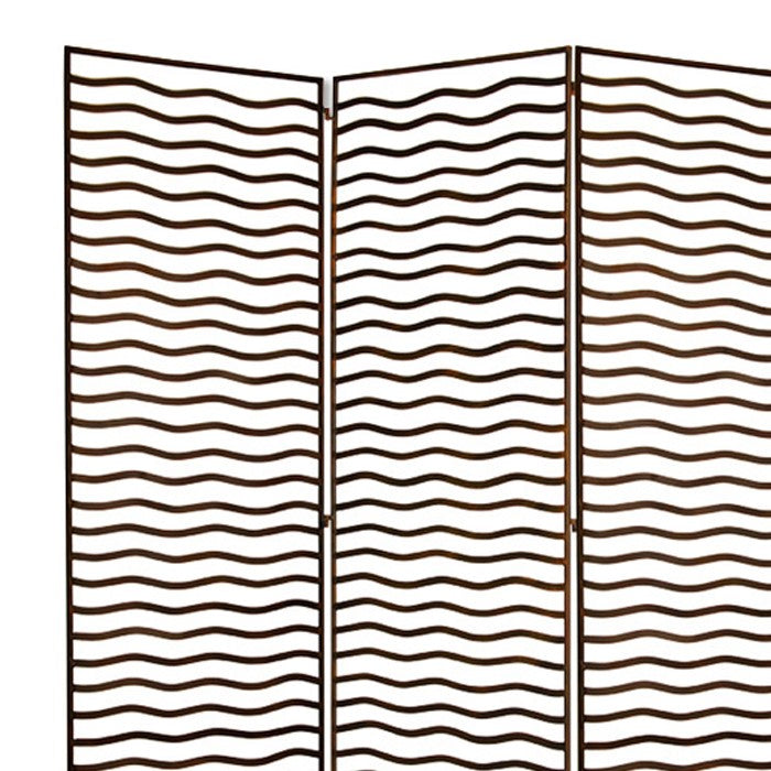 Metal Foldable 3 Panel Room Divider with Wavy Pattern, Bronze