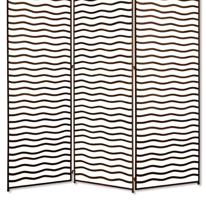 Metal Foldable 3 Panel Room Divider with Wavy Pattern, Bronze