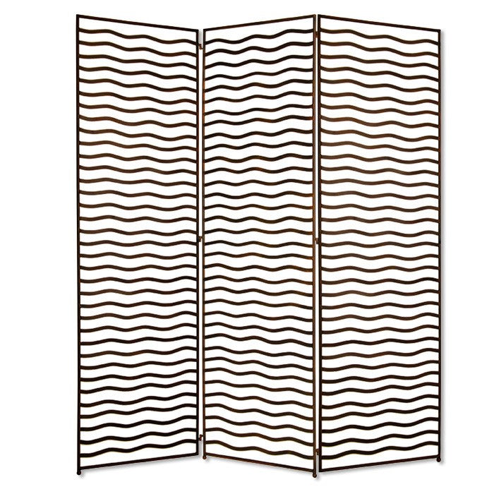 Metal Foldable 3 Panel Room Divider with Wavy Pattern, Bronze