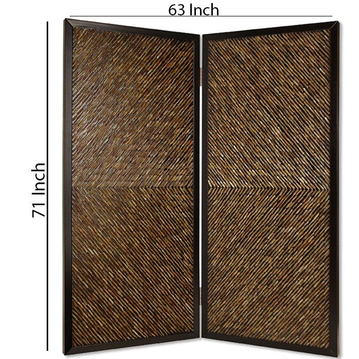 Wooden 2 Panel Room Divider with Abalone Inlay, Small, Brown and Black
