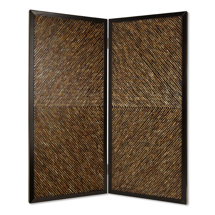 Wooden 2 Panel Room Divider with Abalone Inlay, Small, Brown and Black