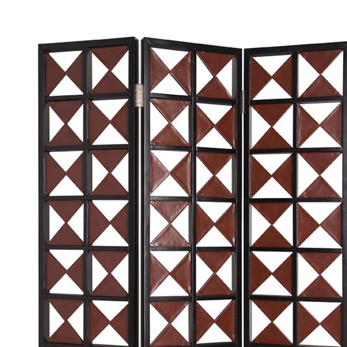 3 Panel Room Divider with Symmetric Triangle Cutout Pattern, Small,Brown