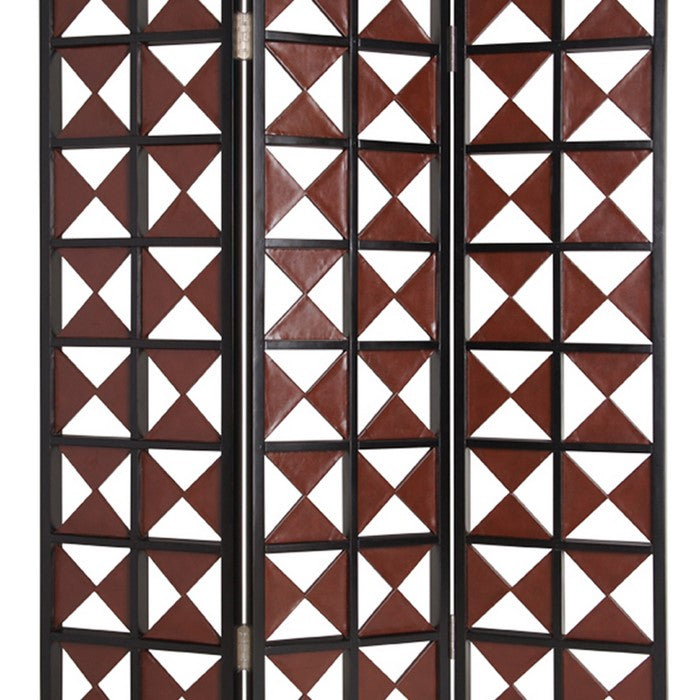 3 Panel Room Divider with Symmetric Triangle Cutout Pattern, Small,Brown