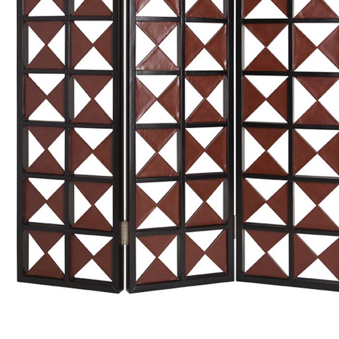 3 Panel Room Divider with Symmetric Triangle Cutout Pattern, Small,Brown