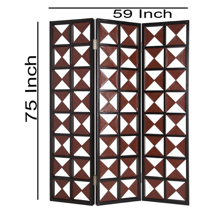 3 Panel Room Divider with Symmetric Triangle Cutout Pattern, Small,Brown