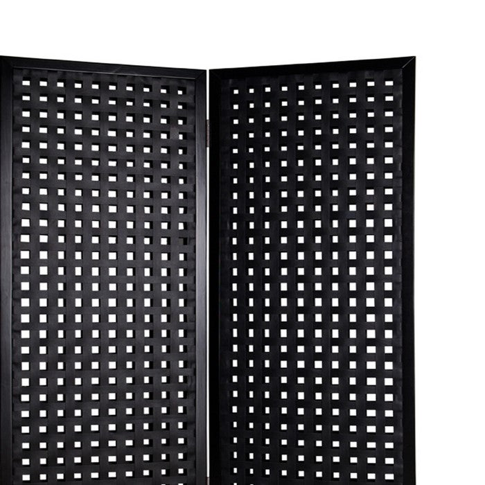 2 Panel Room Divider with Leatherette Interwoven Square Cut Outs, Black
