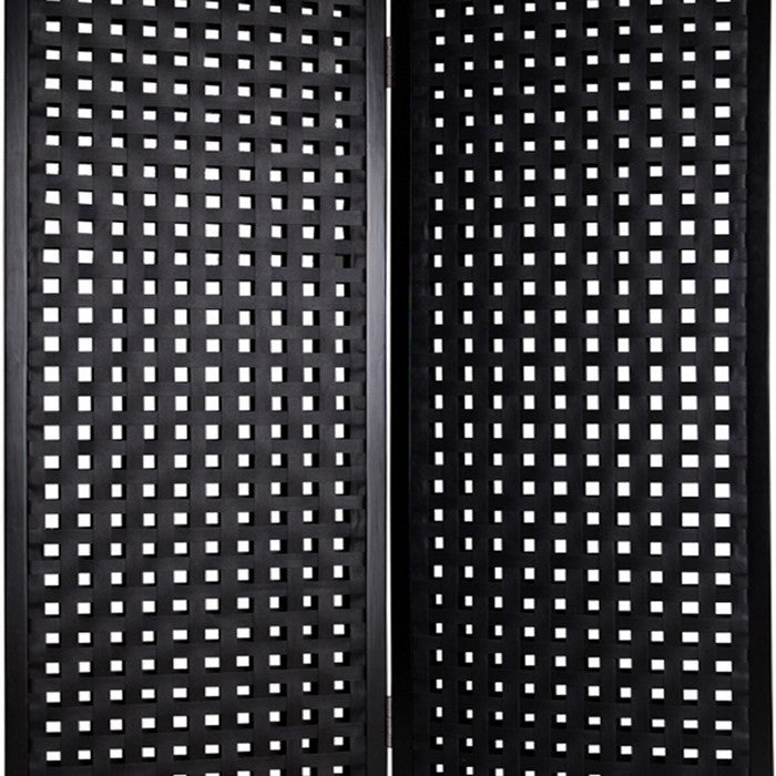 2 Panel Room Divider with Leatherette Interwoven Square Cut Outs, Black