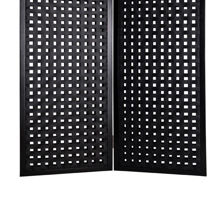 2 Panel Room Divider with Leatherette Interwoven Square Cut Outs, Black