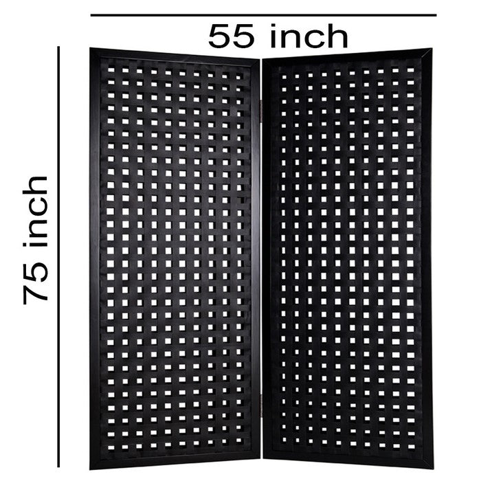 2 Panel Room Divider with Leatherette Interwoven Square Cut Outs, Black