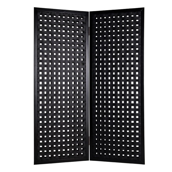 2 Panel Room Divider with Leatherette Interwoven Square Cut Outs, Black