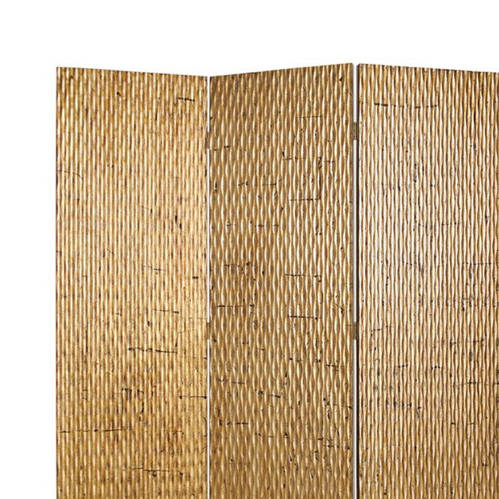 3 Panel Foldable Room Divider with Patterned Wood Panelling, Gold