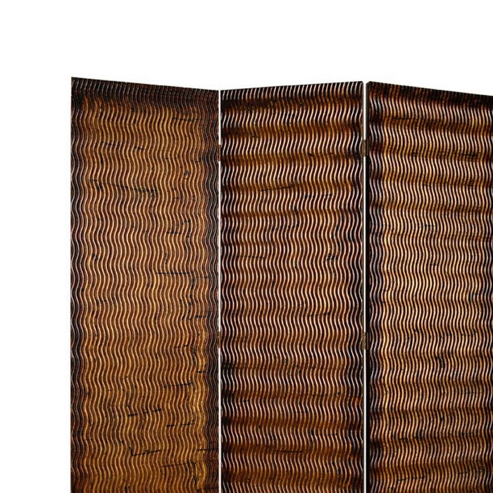 Dual Tone 3 Panel Wooden Foldable Room Divider with Wavy Design, Brown