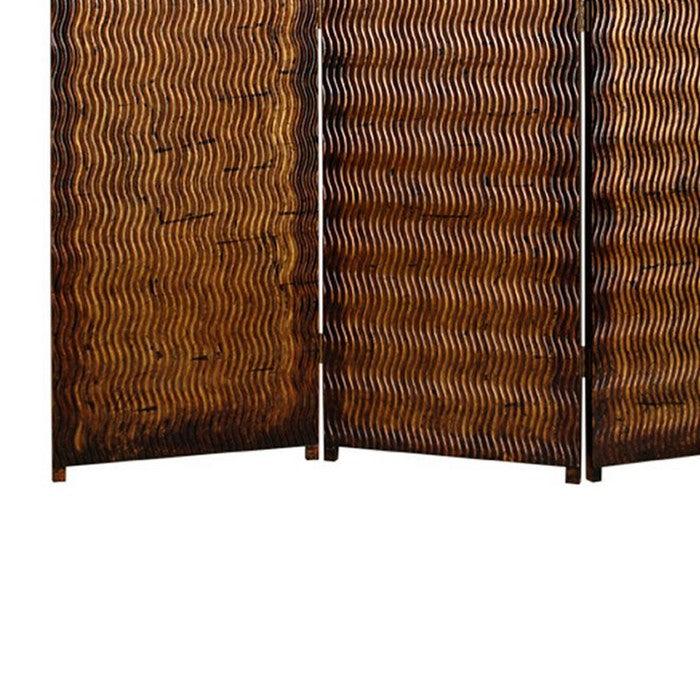 Dual Tone 3 Panel Wooden Foldable Room Divider with Wavy Design, Brown