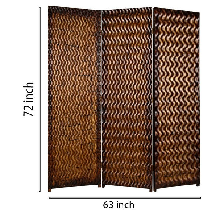 Dual Tone 3 Panel Wooden Foldable Room Divider with Wavy Design, Brown