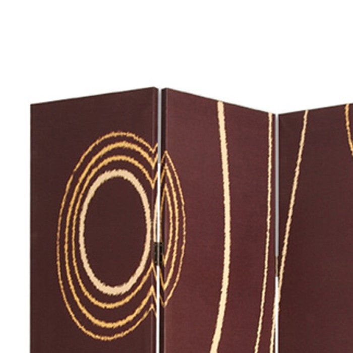 3 Panel Foldable Canvas Room Divider with Circle Design, Brown and Yellow