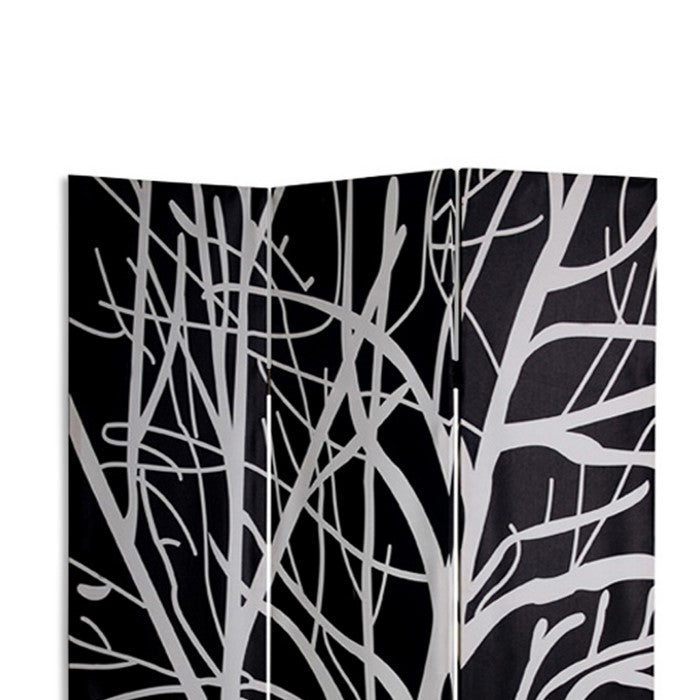 3 Panel Canvas Room Divider with Branch Pattern, Black and White