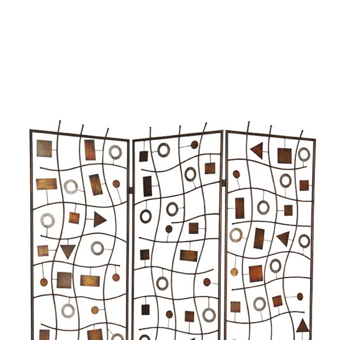 Foldable Metal Screen with Geometrical Design and 3 Panels, Brown