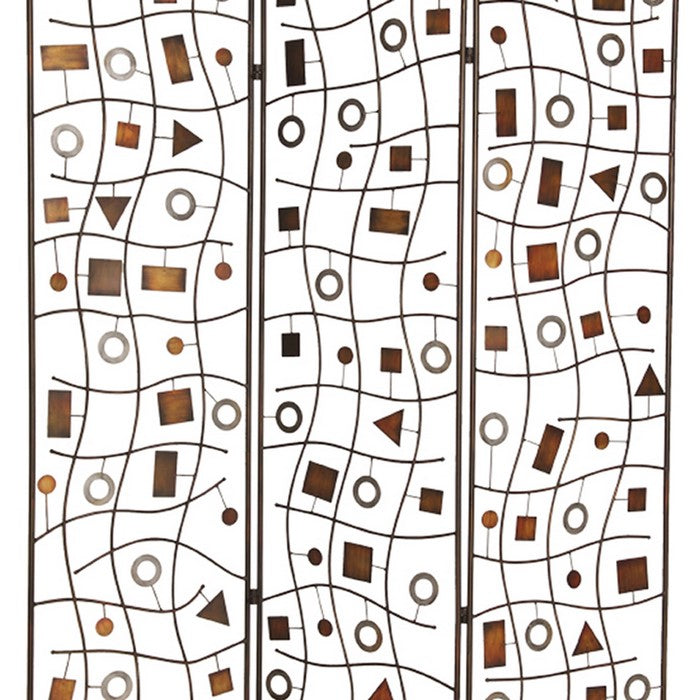 Foldable Metal Screen with Geometrical Design and 3 Panels, Brown