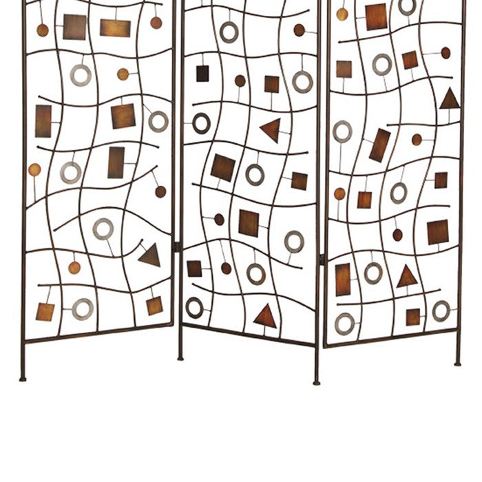 Foldable Metal Screen with Geometrical Design and 3 Panels, Brown