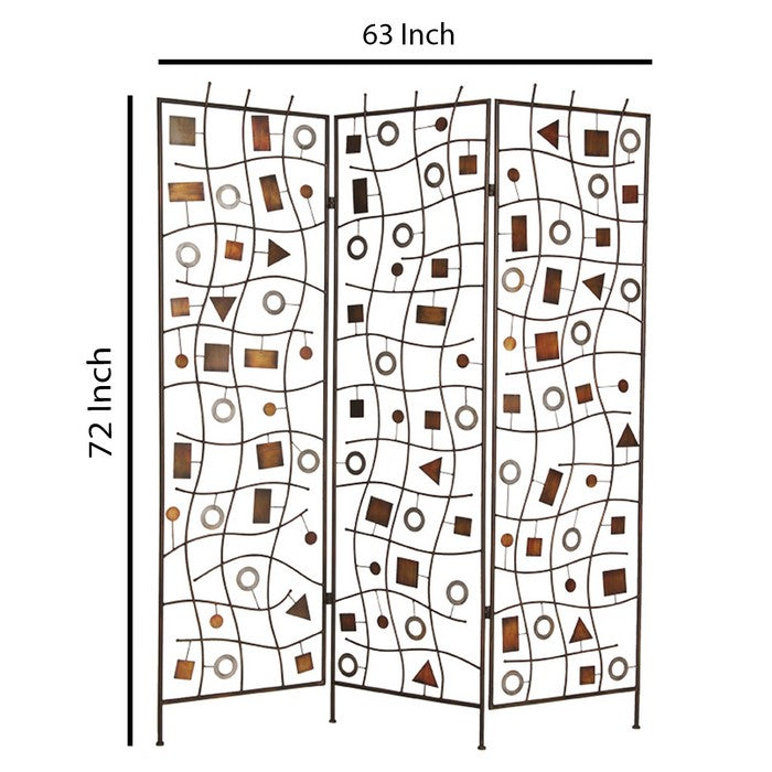 Foldable Metal Screen with Geometrical Design and 3 Panels, Brown