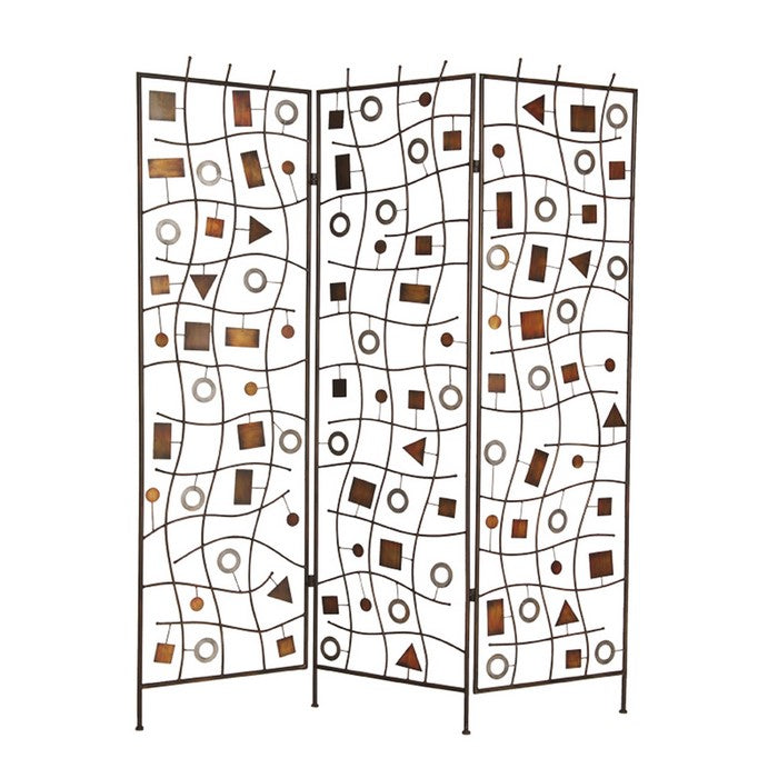 Foldable Metal Screen with Geometrical Design and 3 Panels, Brown