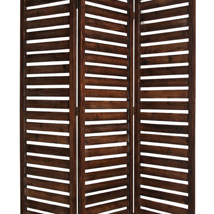 3 Panel Foldable Wooden Screen with Louver Pattern, Dark Brown