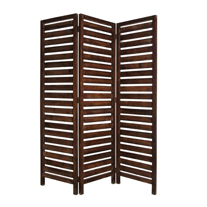 3 Panel Foldable Wooden Screen with Louver Pattern, Dark Brown