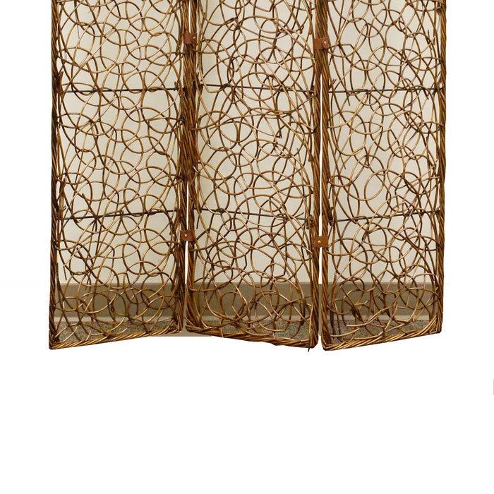 3 Panel Foldable Wooden Screen with Lattice Design, Brown